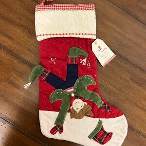 Pottery Barn Kids Quilted Christmas Stocking Elf Cartwheel Snow Bell NWT